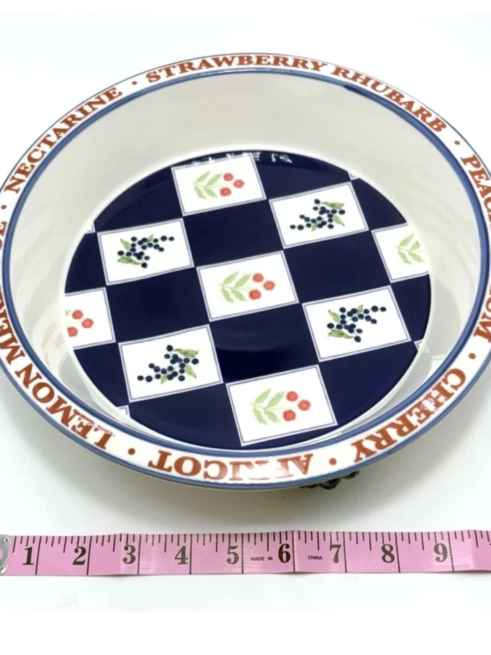 Anthropologie Blue & White Checker Serving Bowl with Fruit Motif